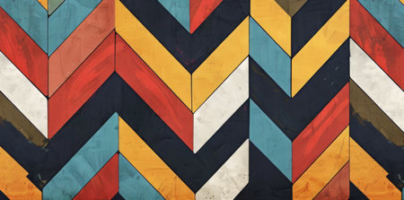 A dynamic and energetic multicolored chevron wood pattern showing a variety of vivid colors arranged in a zigzag design, creating a sense of movement and vibrancy.の素材