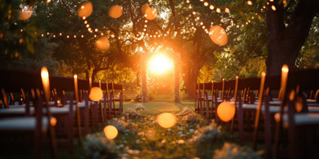 The sun shines brightly through the dense trees at a wedding ceremony, casting dappled light on the ground. The warm golden rays create a magical ambiance for the special occasion.の素材