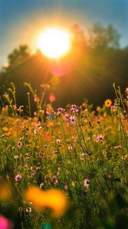 A vast field of colorful flowers illuminated by the setting sun in the background. The flowers are in full bloom, swaying gently in the breeze as sunlight filters through the petals.の素材