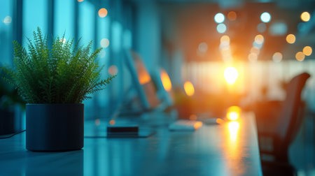 A table with a potted plant placed on top of it. The room appears to be a tech-inspired collaborative workspace, with a cool blue hue in the background.の素材