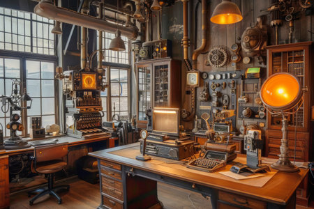 A room filled with a wide variety of items, including retro futurism decor, vintage steampunk elements, and assorted objects from different time periods. The space is eclectic and packed with unique pieces, creating a visually busy and intriguing setting.の素材