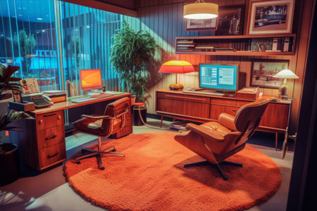 A room filled with vintage chic American office furniture featuring a chair, desk, computer monitor, and a stylish rug.の素材
