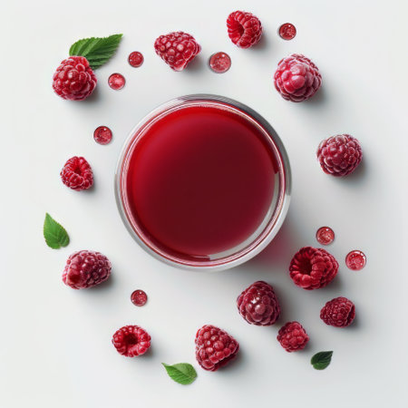 A glass filled with vibrant raspberry juice sits on a table, surrounded by fresh, plump raspberries. The glass glistens in the light, enticing viewers with its refreshing contents.の素材