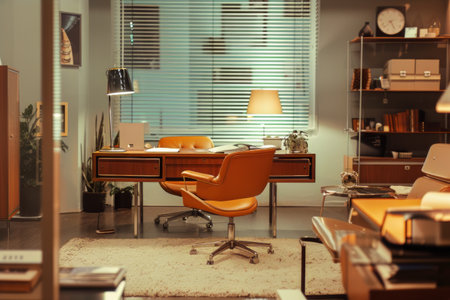 This room features a classic American office setup with a wooden desk, a comfortable chair, a stylish lamp, and a tall bookshelf. The desk is neatly organized with stationery items, while the bookshelf is filled with books and decorative items.の素材