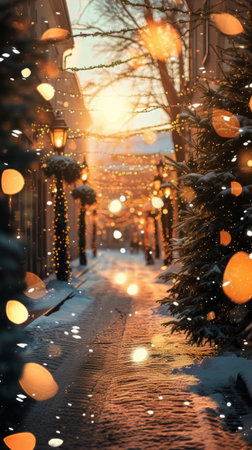 A winter village street covered in snow with festive holiday lights illuminating the scene, creating a cozy and warm atmosphere.の素材