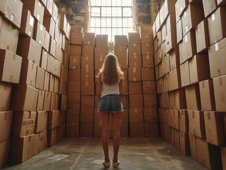 A woman stands in a room surrounded by numerous cardboard boxes, appearing to be in the process of organizing or unpacking. The room is filled with boxes stacked on the floor, creating a cluttered environment.の素材