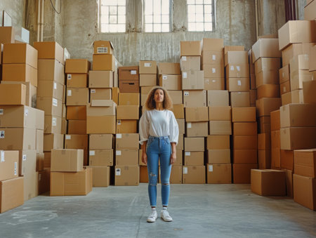 A woman is standing among numerous cardboard boxes in a storage facility or warehouse. She appears to be examining or organizing the stacks of boxes.の素材
