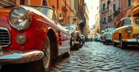 A row of cars parked neatly along a cobblestone street in Italy. The scene shows various vehicles lined up in an orderly fashion against a backdrop of historical architecture.の素材