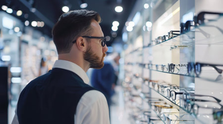 A man is standing in front of a display of eyeglasses, carefully examining the different styles and frames available. He appears to be comparing the various options before making a decision on a new pair of glasses.の素材