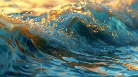 A detailed view of a wave in the ocean, showing the intricate patterns and textures as it curls and crashes onto the shoreline.の素材