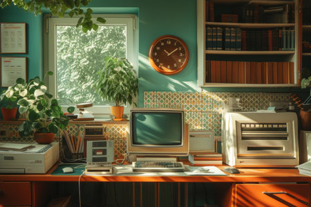 A vintage American office desk is shown, featuring a computer and a clock. The computer screen is on, indicating work in progress, and the clocks hands are moving, symbolizing passing time.の素材