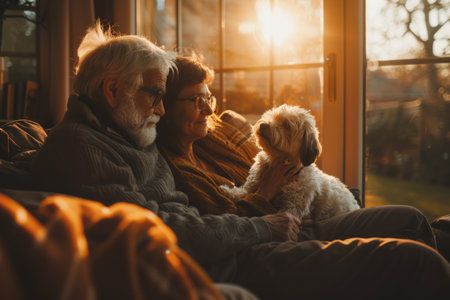 A married couple lounging on a couch with their pet dog. The man and woman are relaxed and comfortable, enjoying each others company in their living room.の素材
