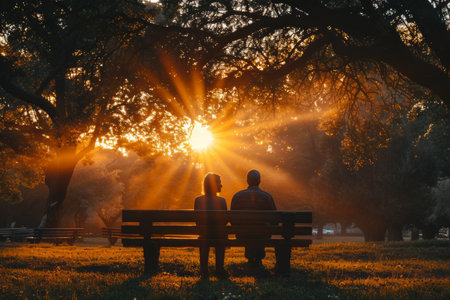 A couple is sitting on a bench in a park, enjoying the sunset. The warm orange hues of the sky are casting a beautiful glow over the scene. Trees and greenery surround them as they relax and unwind after a days activities.の素材