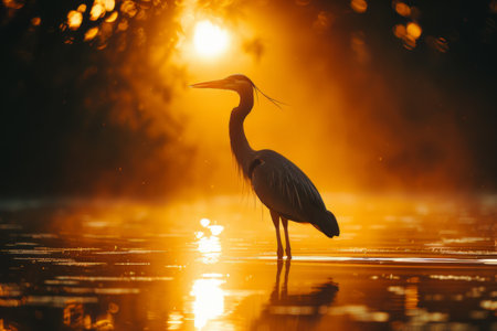 A bird, likely a heron, is standing in the shallow water during sunset. The birds silhouette is visible against the orange and purple hues of the setting sun, creating a serene yet striking scene.の素材