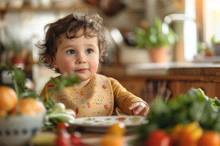 A young girl is seated at a table, with a plate of food in front of her. She appears engaged in her meal, with a cheerful expression on her face. The table is set in a bright and welcoming kitchen.の素材