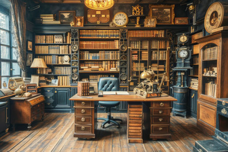 This room is filled with a variety of books and vintage furniture, showcasing a Victorian era steampunk aesthetic. The shelves are packed with books, while antique furniture pieces like desks, chairs, and bookcases fill the space.の素材
