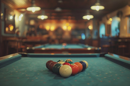 An image showing a pool table with multiple pool balls scattered across its surface. The balls are in various colors and positions, indicating a game in progress.の素材