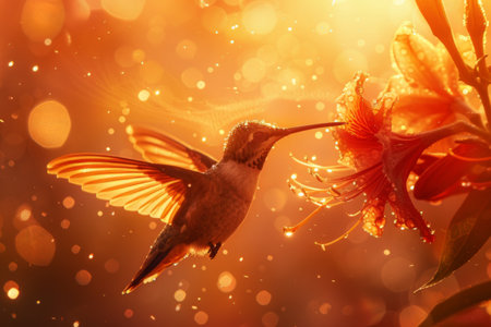 A hummingbird hovers mid-air, wings beating rapidly, as it approaches a vibrant flower glistening in the sunlight. The scene captures the graceful movement of the bird towards its colorful destination.の素材