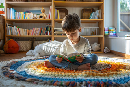 A young boy seated on the floor engrossed in reading a book. His focused expression shows his deep engagement with the story within the pages.の素材