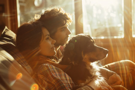 A married couple is seated on a couch with their pet dog, creating a cozy scene at home. The man and woman appear relaxed and engaged, with the dog by their side.の素材