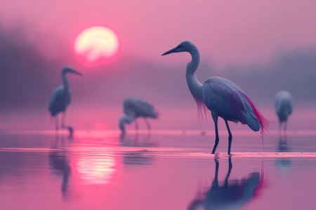 A group of birds are seen standing in the water, with some drinking and others preening their feathers. The birds appear to be resting and socializing in their natural habitat.の素材