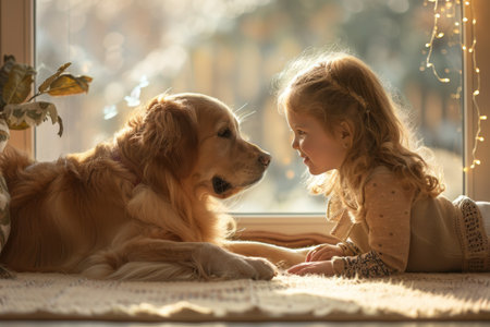 A young girl is laying on the floor next to a dog, showcasing their bond and companionship in a home setting. The girl and dog are relaxed and comfortable in each others presence.の素材