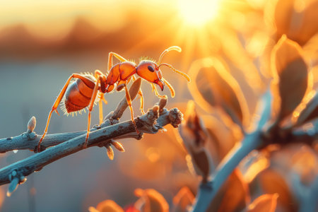 Two ants are seen moving along a branch, with the sun shining brightly in the background. The tiny insects are going about their daily activities under the warm sunlight.の素材