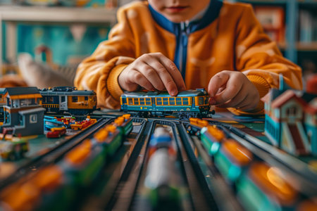 A young boy is engaged in play focusing, intently on a toy train set. He is manipulating the train tracks and moving toy trains around, lost in his imaginative world of railroads and locomotives.の素材