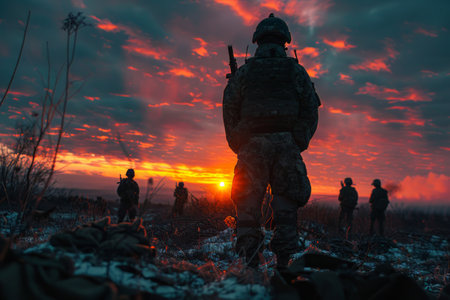 A group of soldiers in silhouette standing on a field, with the sky in the background. The soldiers are likely on a mission or training exercise, surveying the area.の素材