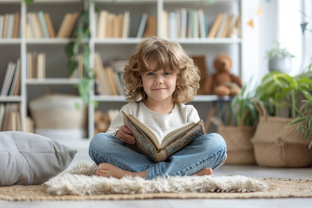 A little girl is sitting on the floor, deeply engrossed in reading a book. She is focused and absorbed in the story, fully engaged in her reading. The room is quiet as she immerses herself in the world of the book.の素材