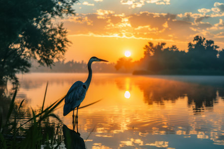 A bird perched on a log in the water, surrounded by a serene natural environment. The bird stands gracefully, its feathers ruffled by the gentle breeze, as it observes its surroundings.の素材
