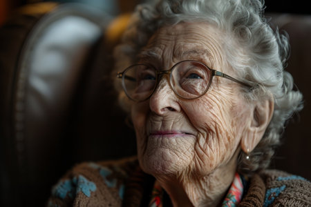 An elderly woman with glasses is seated in a chair, displaying a sense of contemplation. She appears and relaxed thoughtful, possibly engaged in quiet reflection.の素材