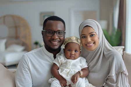 A married man and woman are posing for a picture with a baby. The couple looks happy as they hold the baby and smile for the camera.の素材