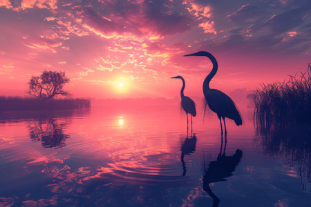 Two birds of unknown species are standing in shallow water, surrounded by the golden glow of the setting sun. The birds appear to be peacefully observing their surroundings.の素材