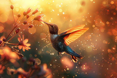 A hummingbird is captured in mid-flight, moving away from a colorful flower. The birds wings are spread wide, showing their vibrant feathers, while the flowers petals glisten in the sunlight.の素材
