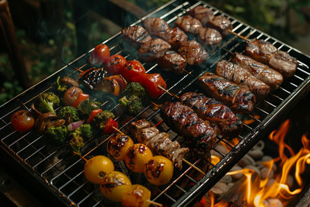 A bbq grill filled with various cuts of meat and an assortment of colorful vegetables being cooked over the flames. The delicious food is sizzling and creating mouth-watering aromas.の素材