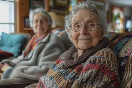 An older woman and a younger woman are seated next to each other on a couch. The older woman appears relaxed, with a slight smile, while the younger woman looks engaged in conversation.の素材