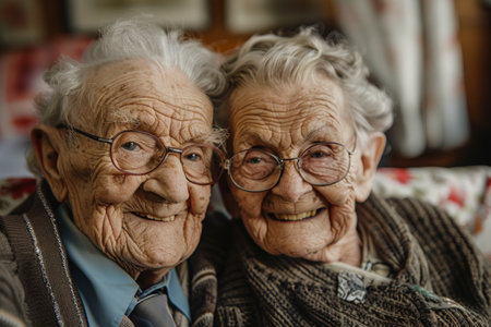 Two elderly people, a man and a woman, are seated next to each other on a comfortable couch. They appear content and engaged in conversation or simply enjoying each others company.の素材