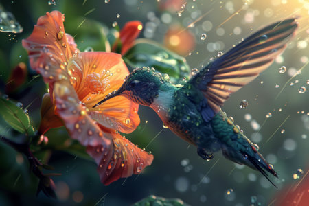 A close-up view of a hummingbird suspended in mid-air over a vibrant flower while raindrops fall around them. The birds iridescent feathers glisten as it delicately feeds from the blossom.の素材