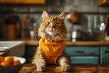 A cat with a bandana around its neck is perched on a kitchen counter, looking curious and alert.の素材