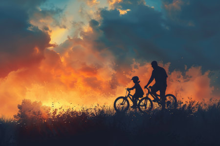 A man and a child are seen riding bikes in a vast field, under a clear blue sky. The man leads the way, followed closely by the child, enjoying a leisurely bike ride together.の素材