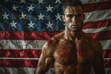 A shirtless man is standing in a firm and assertive pose in front of an American flag, displaying patriotism and strength.の素材
