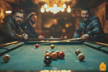 A group of men are gathered around a pool table in a pub, engaging in a game of pool. They are focused on aiming and taking shots, while enjoying each others company in the lively atmosphere of the pub.の素材