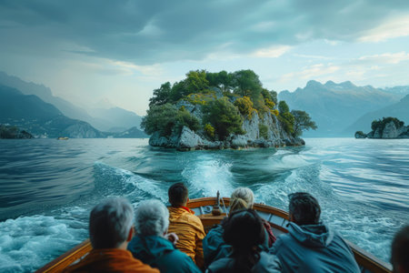 A realistic stock photo capturing tourists seated on top of a boat, enjoying a leisurely ride along the water. The group is animated, chatting and taking in the surrounding views.の素材