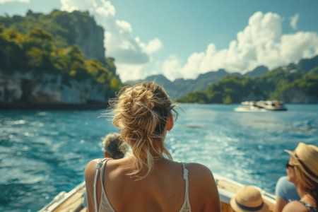 A group of tourists enjoying a boat ride, sitting on the deck and taking in the scenic views around them as the boat moves along the water.の素材