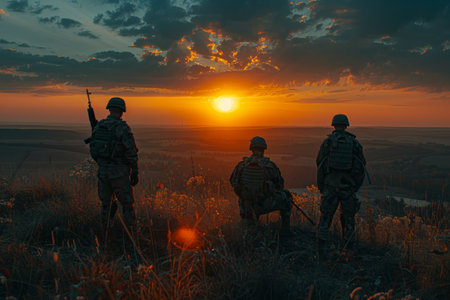 A group of soldiers in uniform standing on a hill, looking out over the landscape. They appear vigilant and ready, surveying their surroundings from a strategic vantage point.の素材