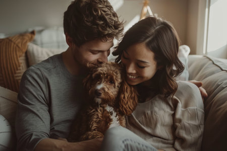 A man and a woman are seated on a couch, accompanied by their dog. The trio exudes a sense of comfort and companionship as they relax together in a living room setting.の素材