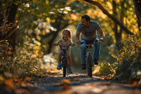 A man is riding a bike next to a little girl on a sunny day. They are enjoying a leisurely ride together.の素材