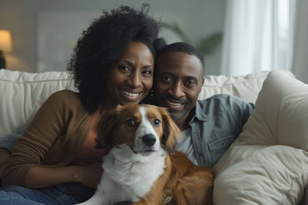A man and woman are seated on a couch, happily interacting with a dog that sits between them. The trio exudes a sense of comfort and companionship.の素材