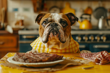 A dog wearing a bib is seated at a table, where a plate of food is placed in front of it. The dog appears to be ready to eat the meal on the table.の素材